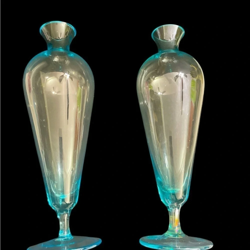 Vintage MCM Light Blue Art Glass Footed Vases 12” Tall Set of 2